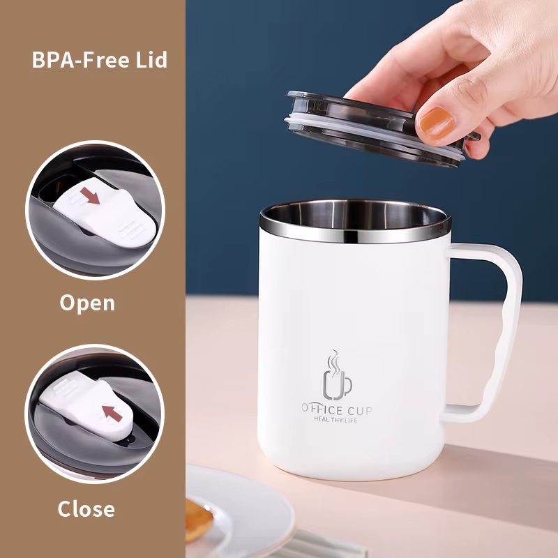 Tasse à café à double couche en acier inoxydable 500 avec couvercle et poignée en plastique, bouteil
