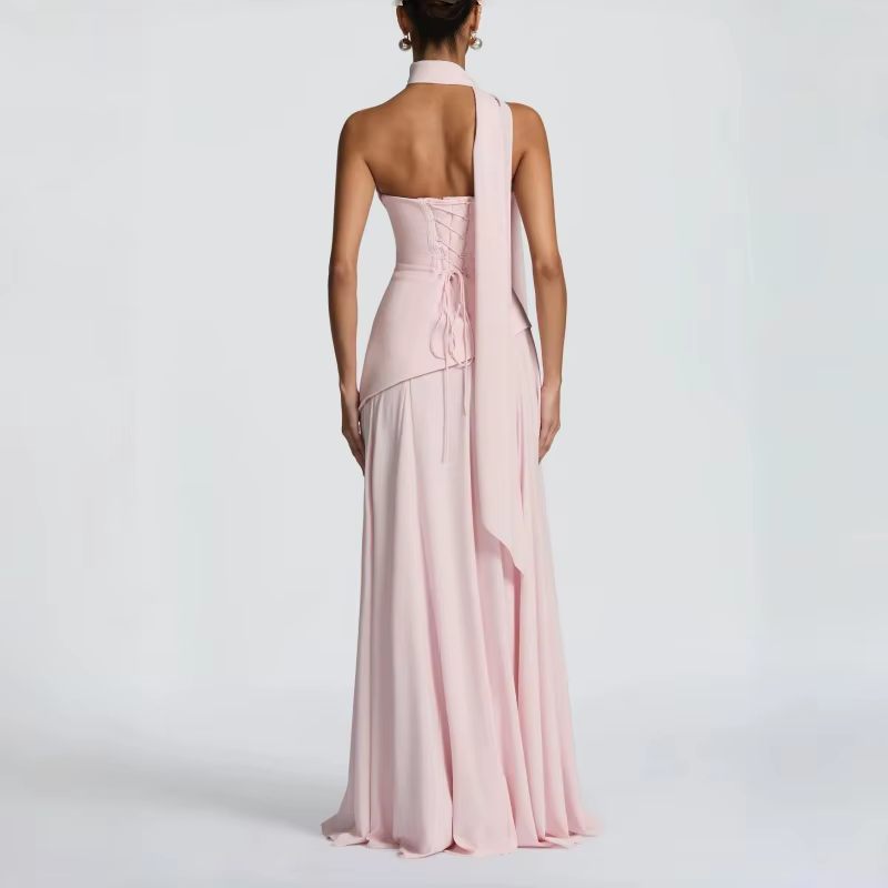 Robe de soirée rose poudré pour femme, col bénitier, dos froncé, à lacets, sans manches, élégante, p