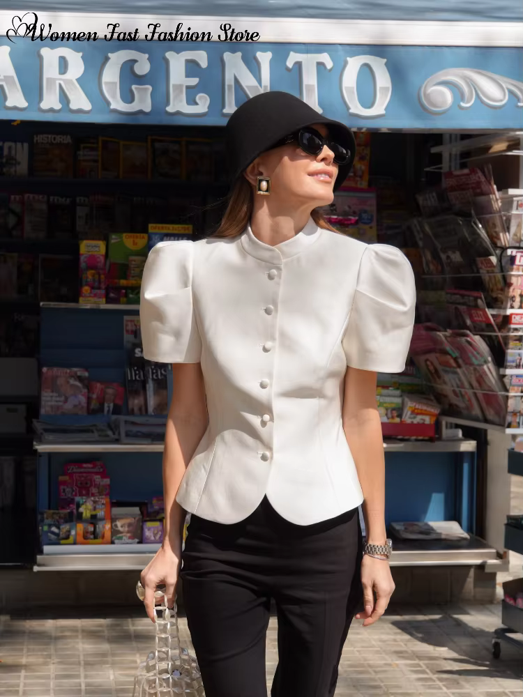 Manteau élégant à manches courtes et simple boutonnage pour femme, débardeurs unis à col rond, Nouve