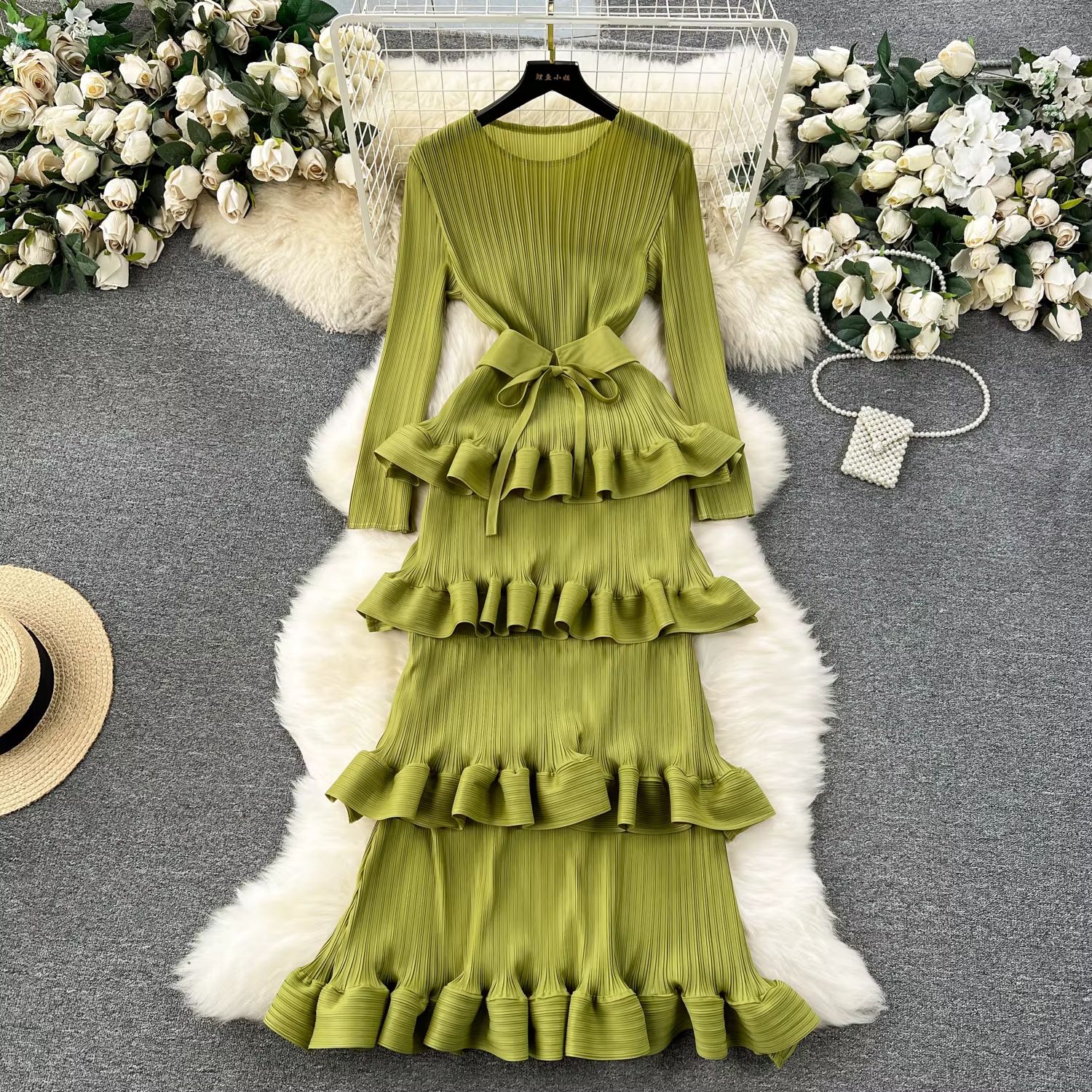 Robe trapèze en mousseline de soie plissée à volants pour femmes, manches longues, élégante, vintage
