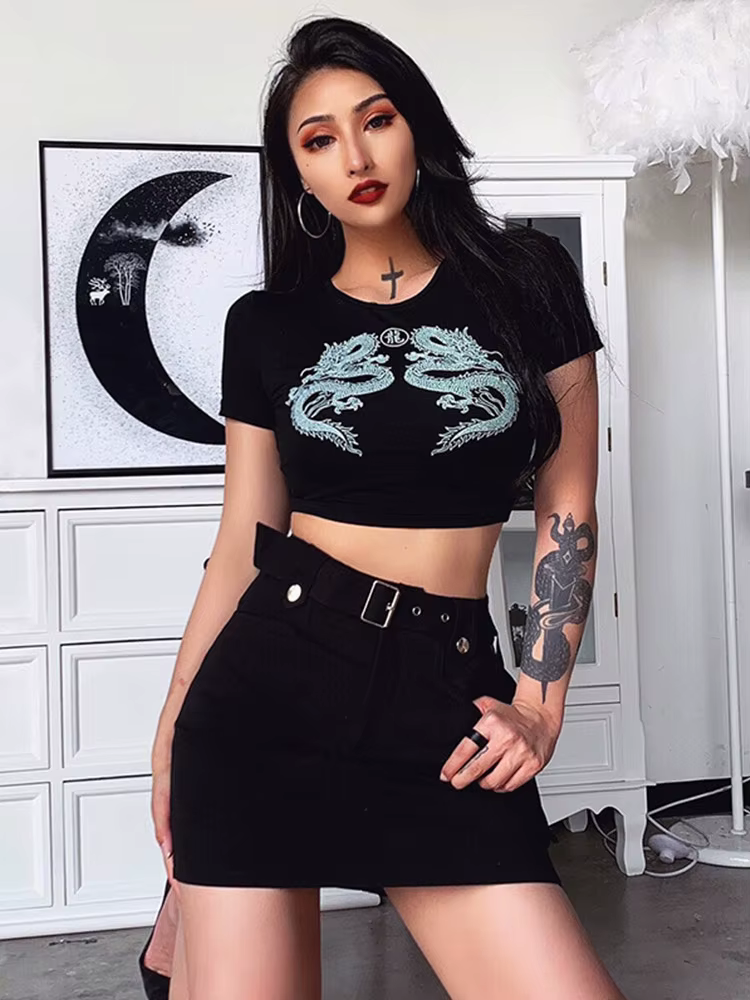 T-shirt manches courtes imprimé Dragon pour femmes, haut court à la mode pour le Shopping, usage quo