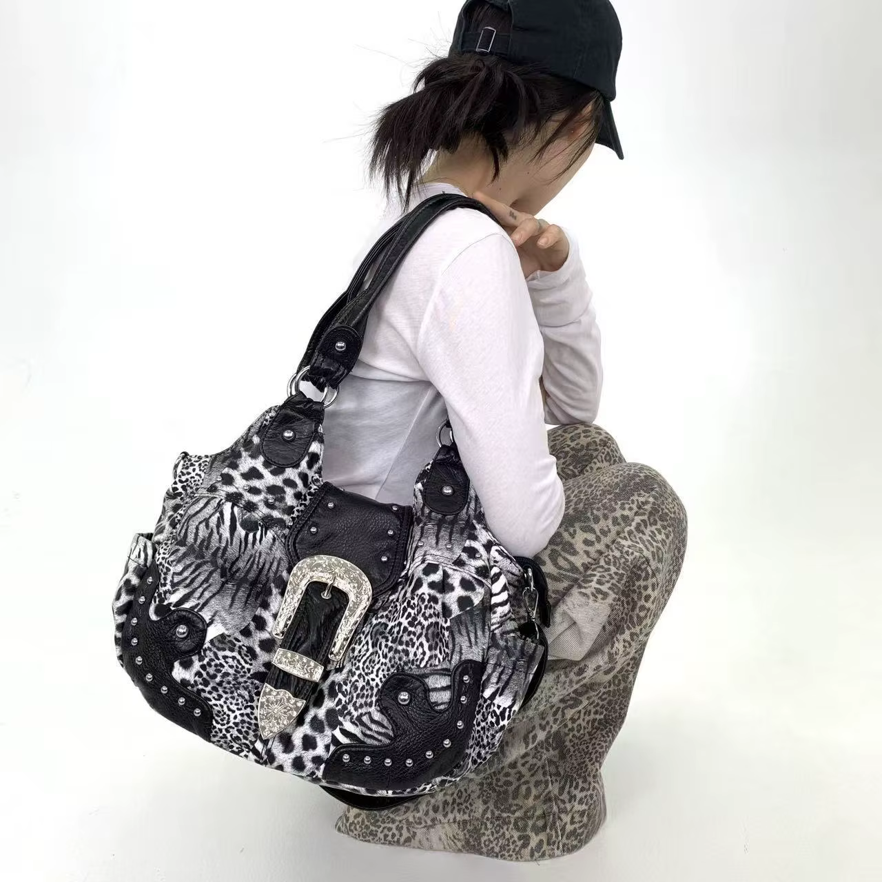 Y2K – sac fourre-tout en patchwork imprimé léopard pour fille épicée, personnalité de rue, avec plus