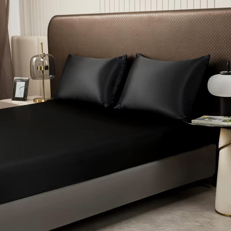 Drap-housse en Satin de couleur unie, housse de matelas double en soie glacée, Queen, naturel avec b