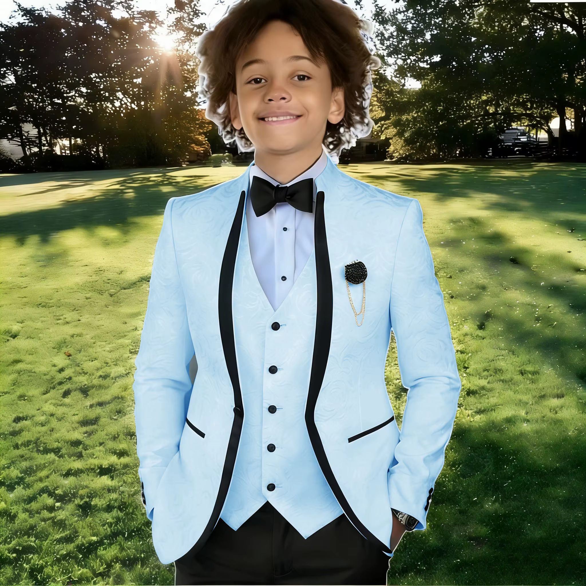 Costume Jacquard Blanc pour Garçon, Tenue de Cérémonie pour Mariage, Smoking à Col Montant, Vêtement