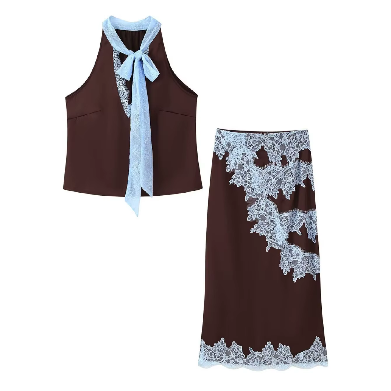 Femmes printemps été nouveau Sexy dentelle broderie épissage jupe ensemble femme élégant col en v à