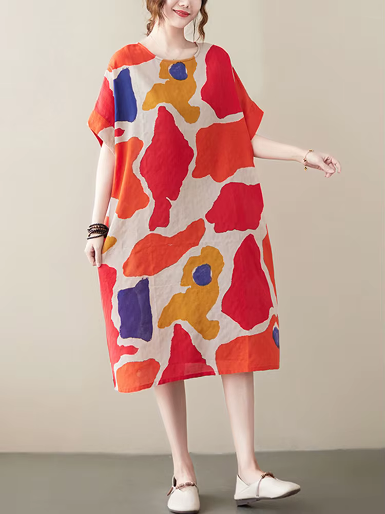 Robes d'été décontractées mi-longues en coton et lin à imprimé vintage pour femmes 2026 – Nouvelle c