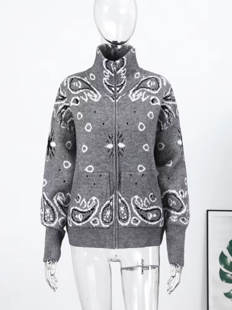 Cardigan Jacquard Printemps à Col Montant pour Femme, Manteau Chic à Manches Longues avec Fermeture