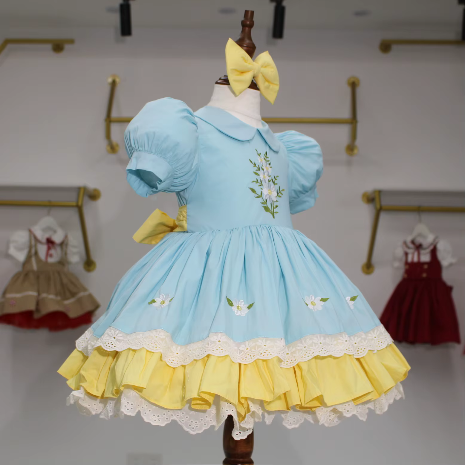 Robe d'été pour bébé fille, broderie marguerite bleue et jaune, robe de princesse turque Vintage pou