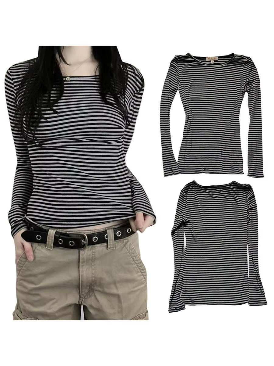 Chemises à manches longues pour femmes, mode décontractée, basique, col rond, rayé, Slim Fit, chemis