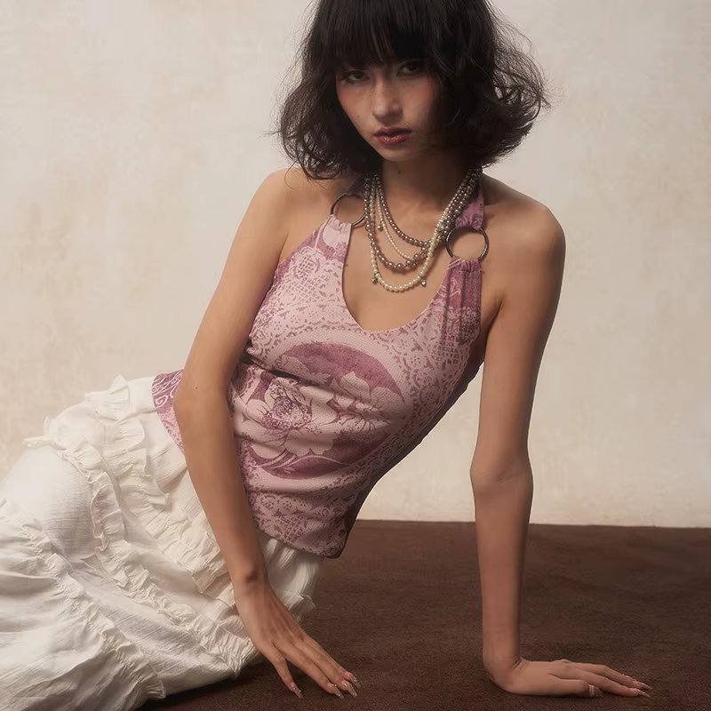 Karrcat-Camisole à imprimé fleuri rétro des années 2000, haut violet précieux, licou japonais Y2k, e