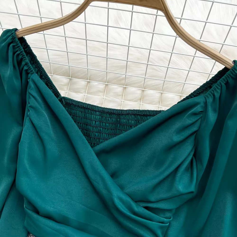 Chemisier slim croisé à manches longues bouffantes pour femmes, haut court plissé, chemise sexy, vêt