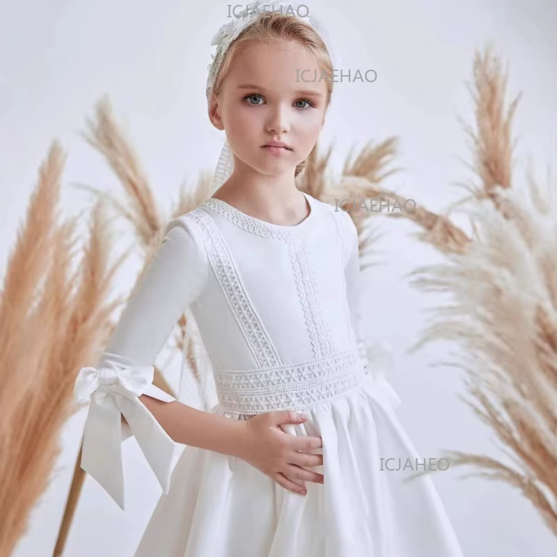 Nouvelle Robe de Cérémonie 2026 pour Enfants à Manches Courtes avec Nœud, Tenue de Fête d'Anniversai