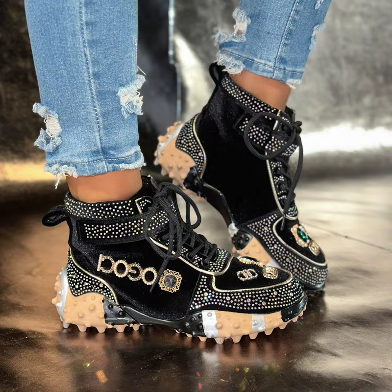Femmes espadrilles décontractées bottes de créateur de luxe strass daim haut-haut chaussures à fond