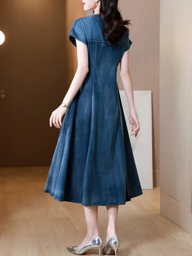 TIYIHAILEY Robe d'été en jean pour femme, longueur mi-mollet, manches courtes, broderie, col en V, s