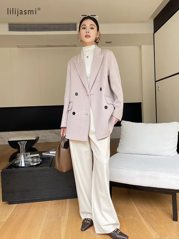 Blazer court en laine à revers crantés pour femme, 100% laine, avec poignets de travail, non doublé,