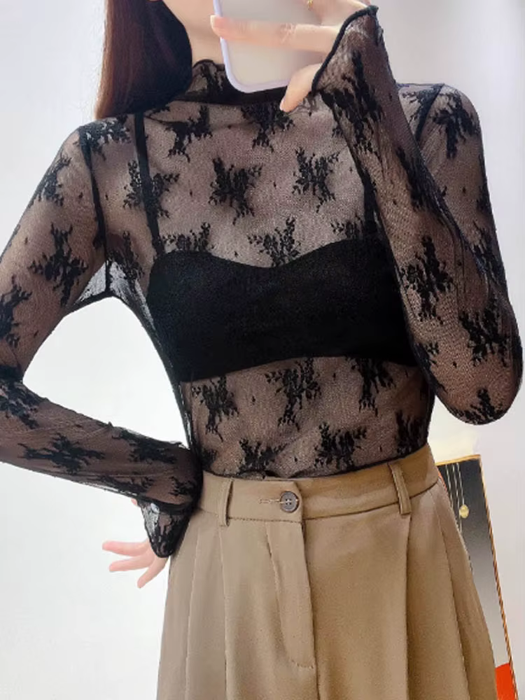Haut intérieur en dentelle à col haut pour femmes, nouveau style d'automne et d'hiver, chemise en ma