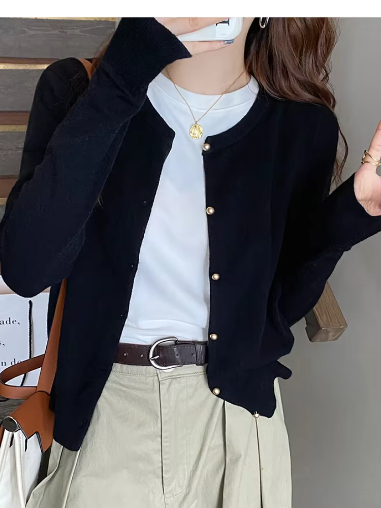 Cardigan tricoté de couleur unie pour femmes, coréen, simple boutonnage, manches longues, col rond, 