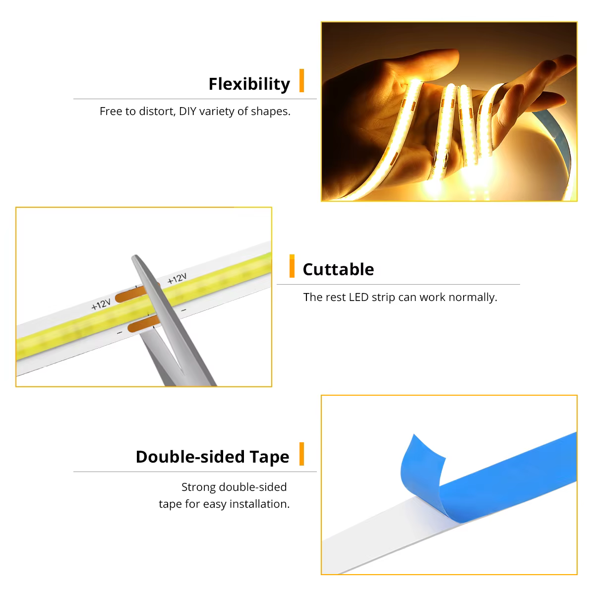 Bande lumineuse LED COB, 5M, 10M, 12V, 24V, 320 diodes/M, haute luminosité, barre LED Flexible FCOB,