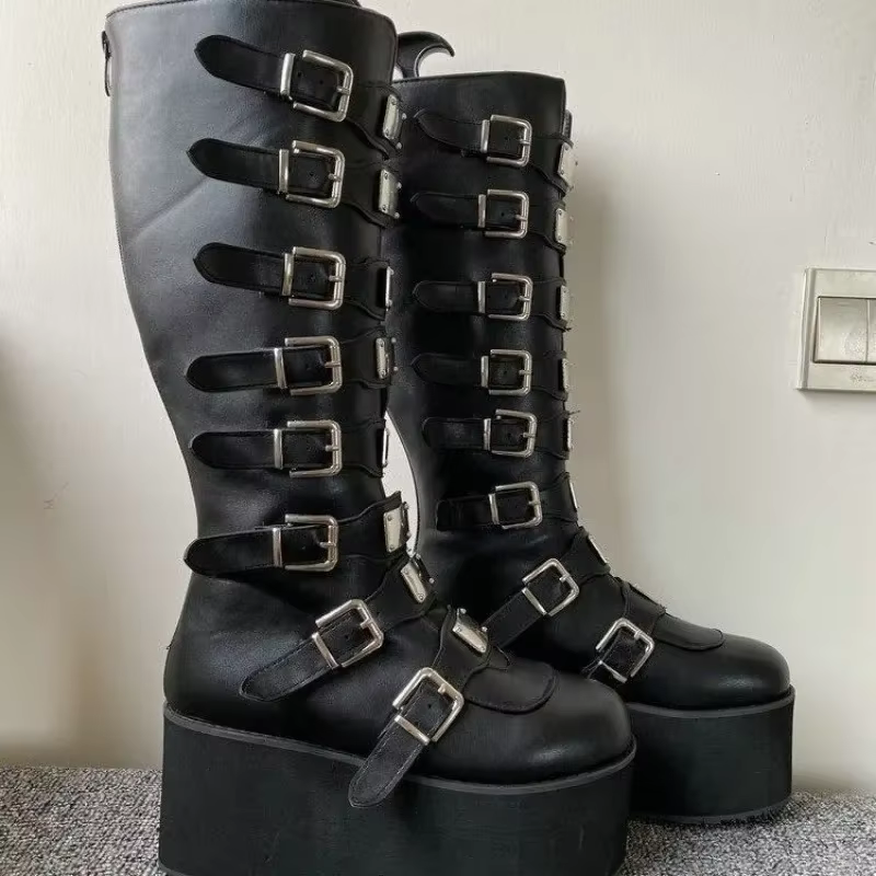 Femmes bottes Cosplay dames talon haut plate-forme compensées femmes bottes hautes gothique boucle s