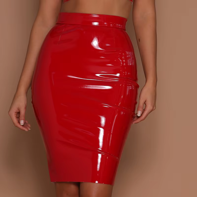 Femmes en cuir PU jupe moulante gothique noir aspect mouillé rouge jaune jupe Midi taille haute dame