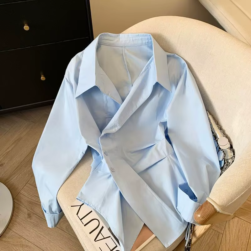 Polo à manches longues irrégulières pour femmes, tunique blanche élégante, haut basique, chemisier,