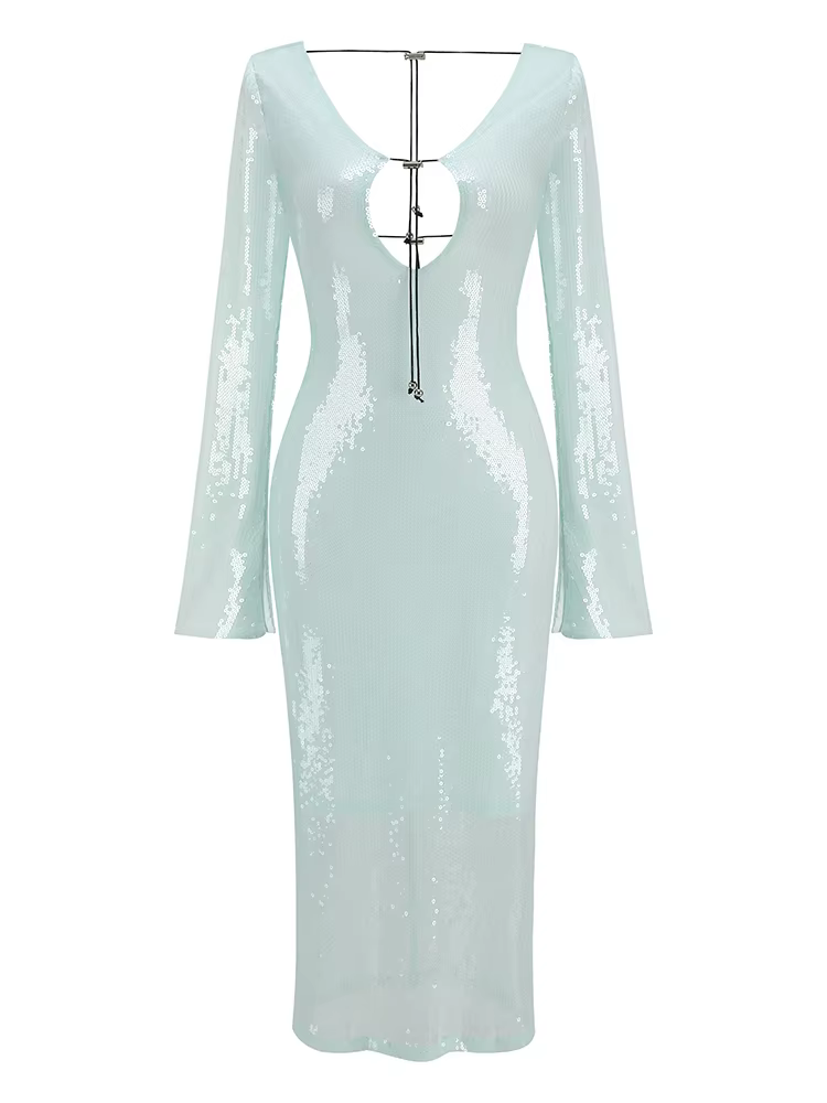 BEVENCCEL Sexy luxe paillettes profonde V à manches longues dos nu paillettes longue robe élégante m