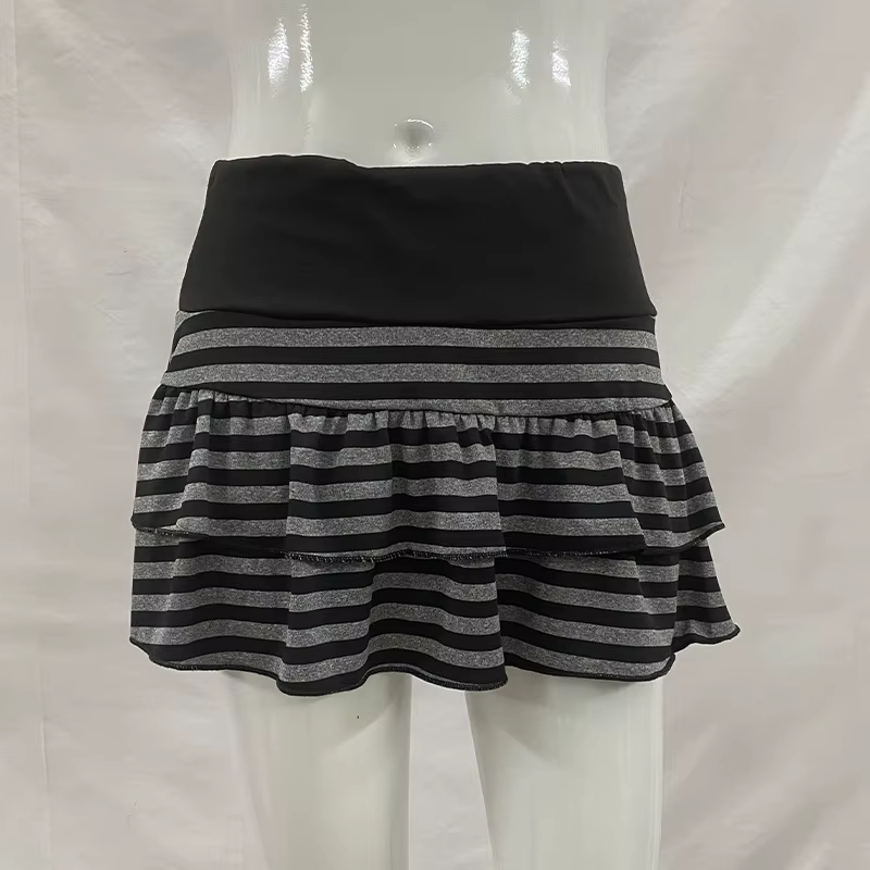 Mini jupe à volants rayée noire et grise, vêtements pour femmes Y2K Grunge, taille haute, taille éla