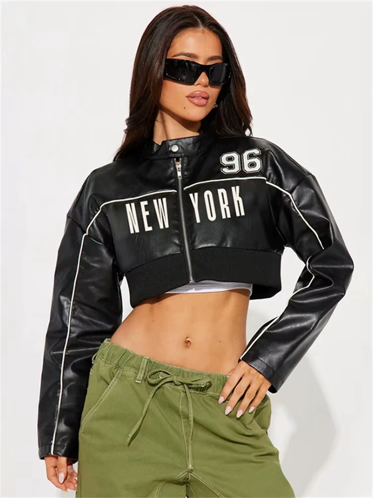 Kliou-Veste en patchwork PU pour femme, manches longues, fermeture éclair, bouton hipster, vêtements