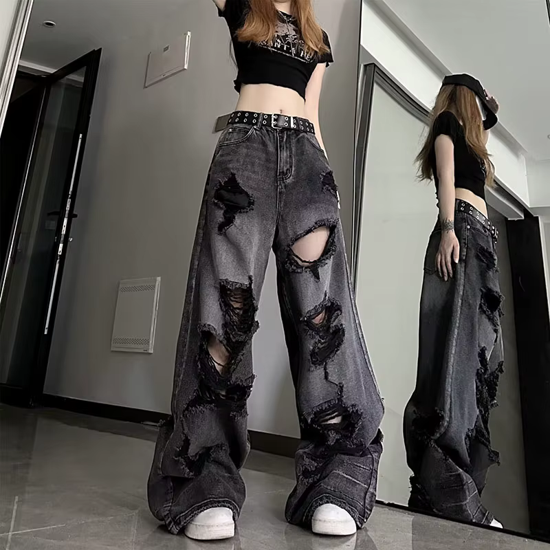 Jean déchiré noir Vintage pour femmes, pantalon à jambes larges, taille haute, droit, Baggy, Y2k
