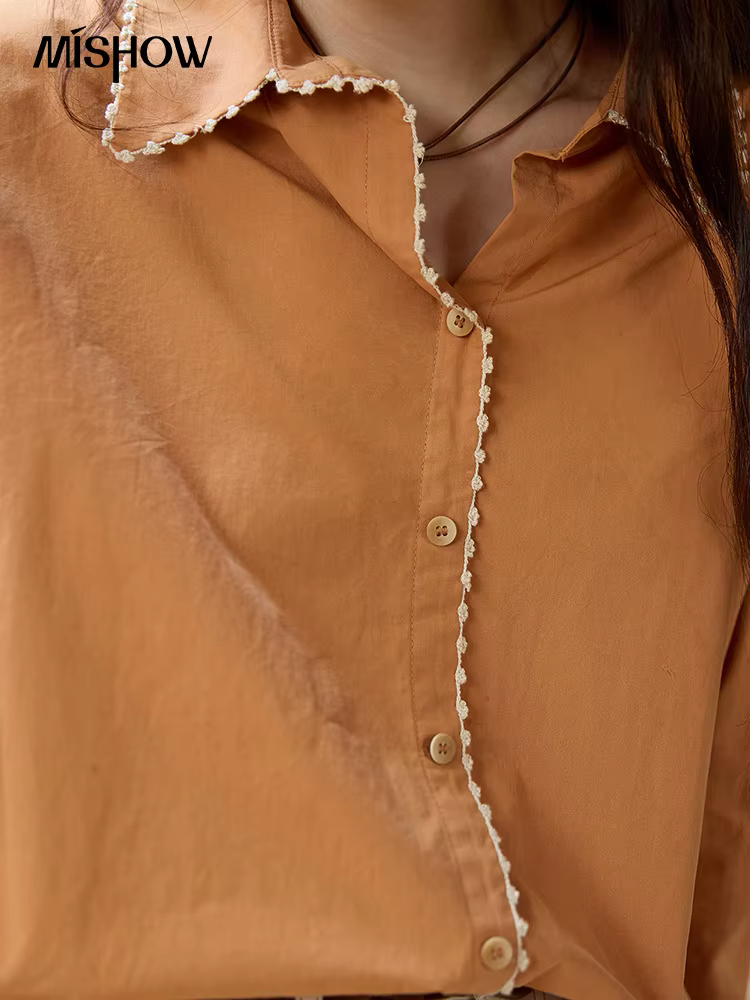 MISHOW femmes 100% coton chemise 2025 automne coréen revers col en v simple boutonnage hauts dentell