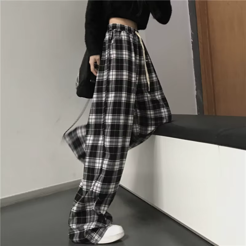 Pantalon de survêtement oversize pour femme, motif écossais noir, décontracté, coupe ample, taille é