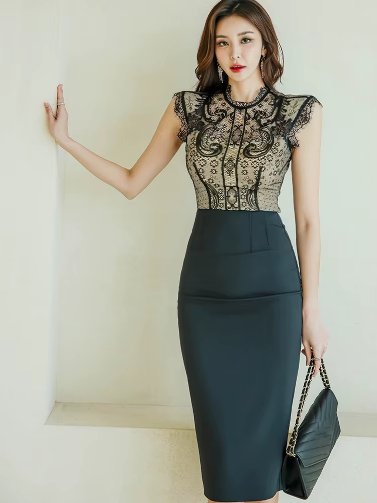 Robe en dentelle noire pour femme, tenue de bureau élégante, version coréenne, col montant, taille h