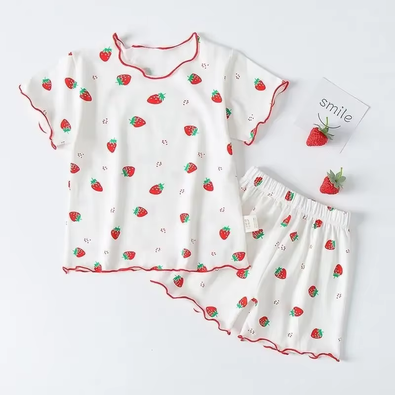 Ensemble pyjama d'été pour filles, imprimé fraises, short et t-shirt pêches roses, vêtements d'intér