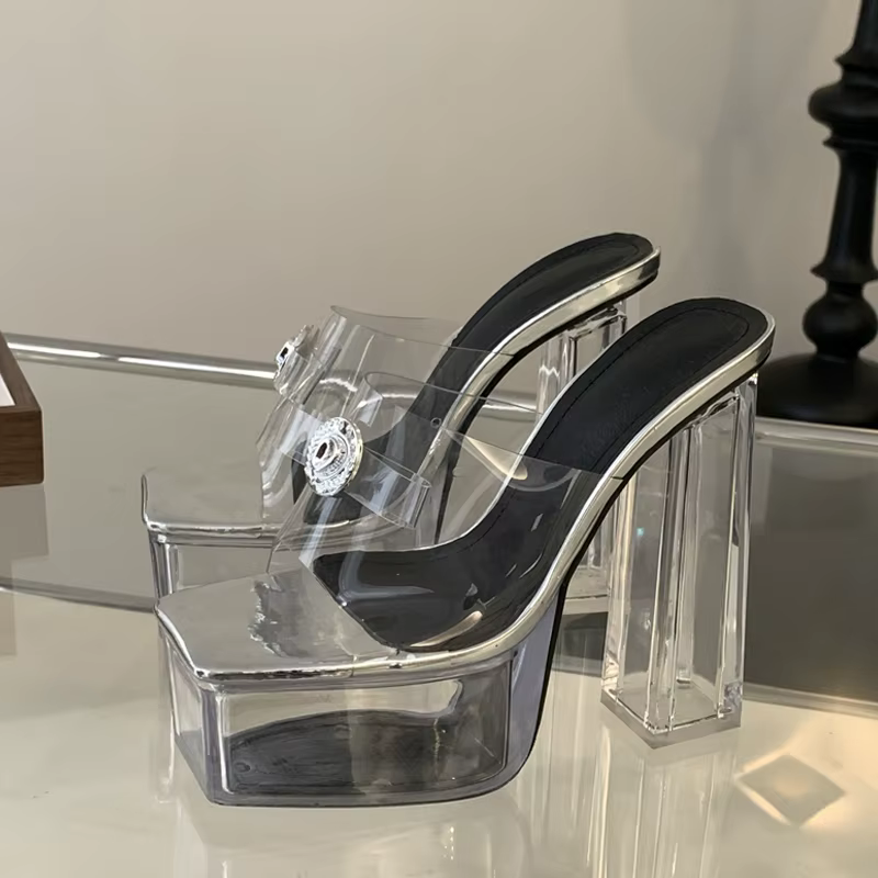 Eilyken-Pantoufles à plateforme en cristal argenté transparent pour femmes, sandales à talons carrés
