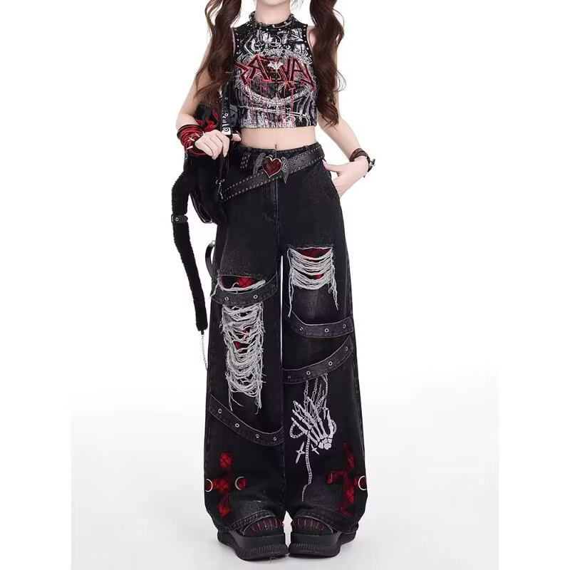 Style américain épicé fille lâche paresseux et détendu denim pantalon femme punk rétro lavé à la mod