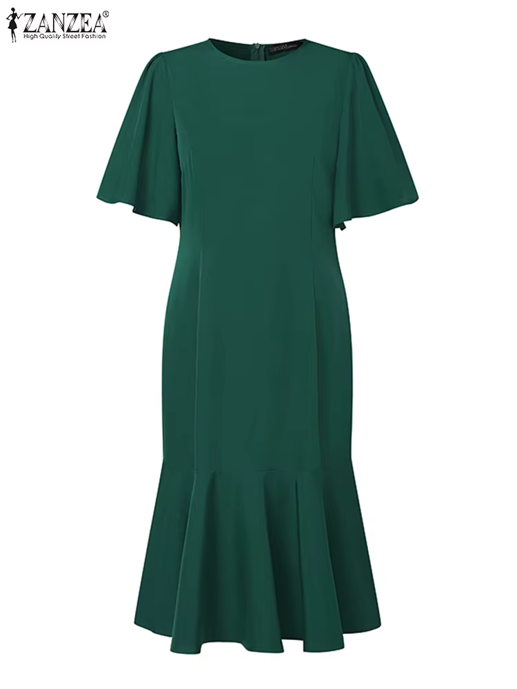 ZANZEA – Robe sirène élégante pour femmes, mode, manches courtes, col rond, ourlet à volants, ajusté