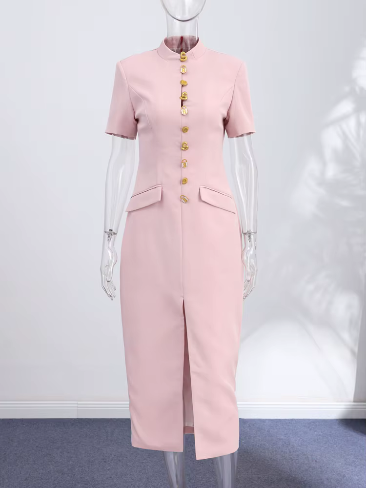 Nouvelle Robe Longue Élégante pour Femme, Col Montant Uni, Manches Courtes, Coupe Slim, Boutonnage S