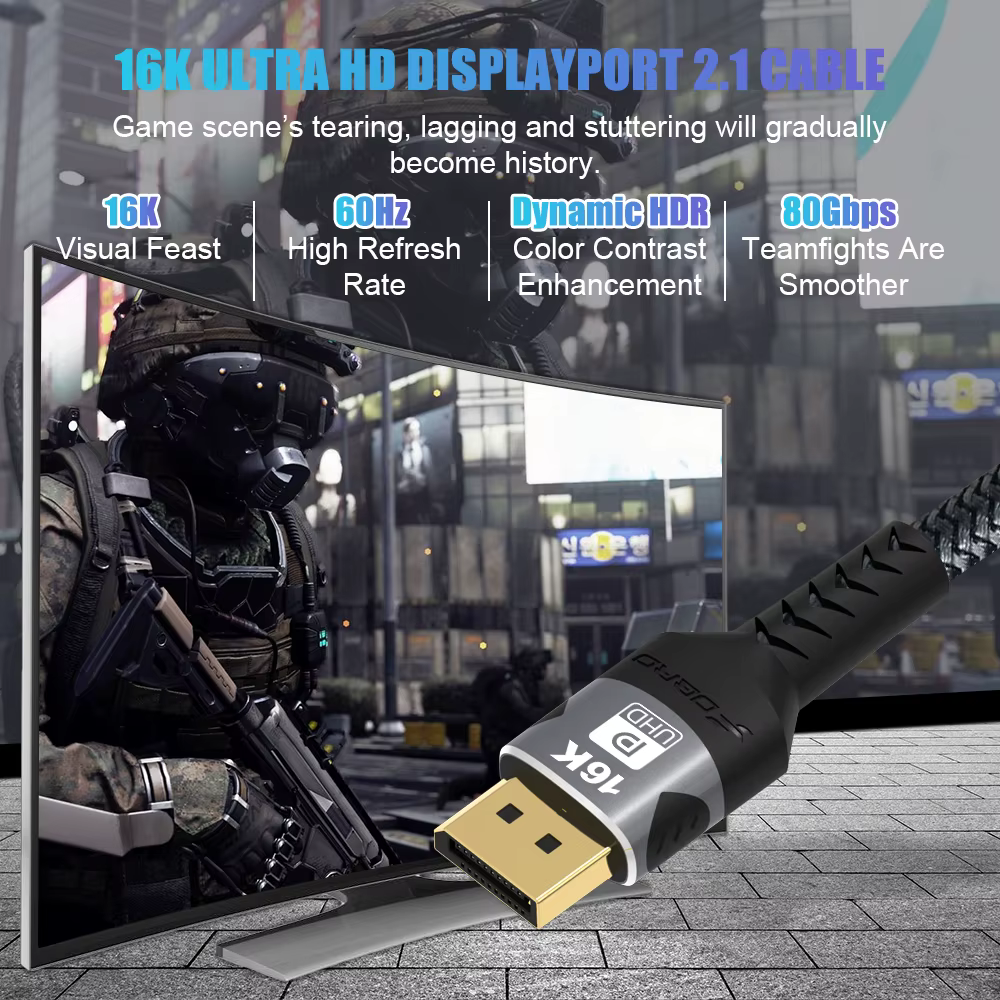 Câble DisplayPort 16K DP 2.1, 16k@30Hz, 8K@60Hz, 4K@144Hz, prise en charge HBR3, 80 Gbit/s, HDCP 2.2