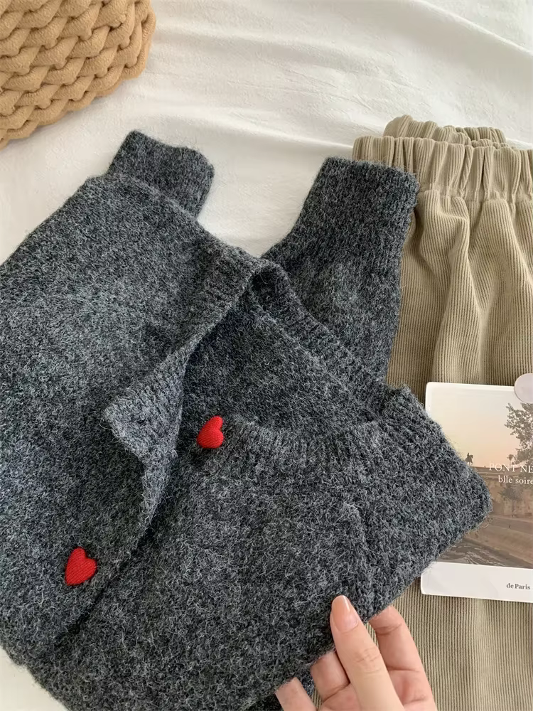Cardigan tricoté en laine gris foncé pour femmes, automne-hiver, doux et collant, chaud, manches d'é