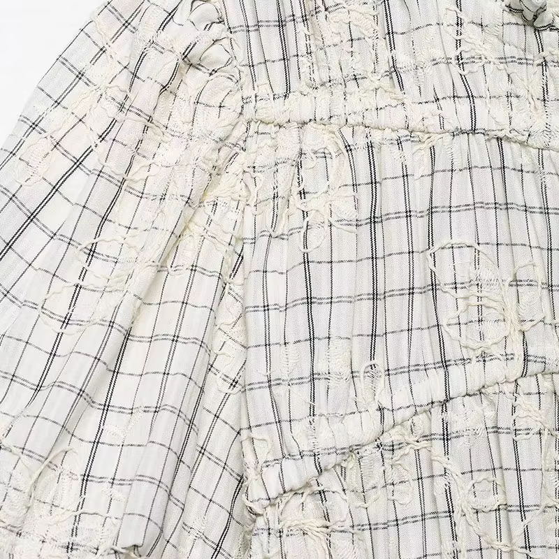 TFAFXY 2026 Ensemble d'été pour femme : Blouse brodée à carreaux avec nœud et jupe longue midi coupe