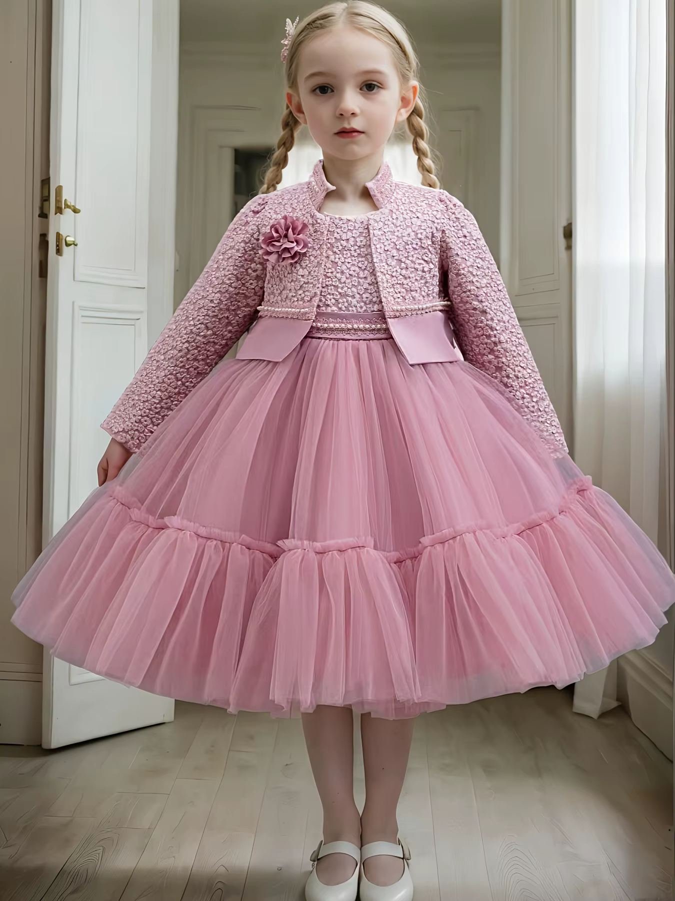 Ensemble de robe en dentelle de Lotus kaki pour filles, vêtements de princesse mignons et manteau, à
