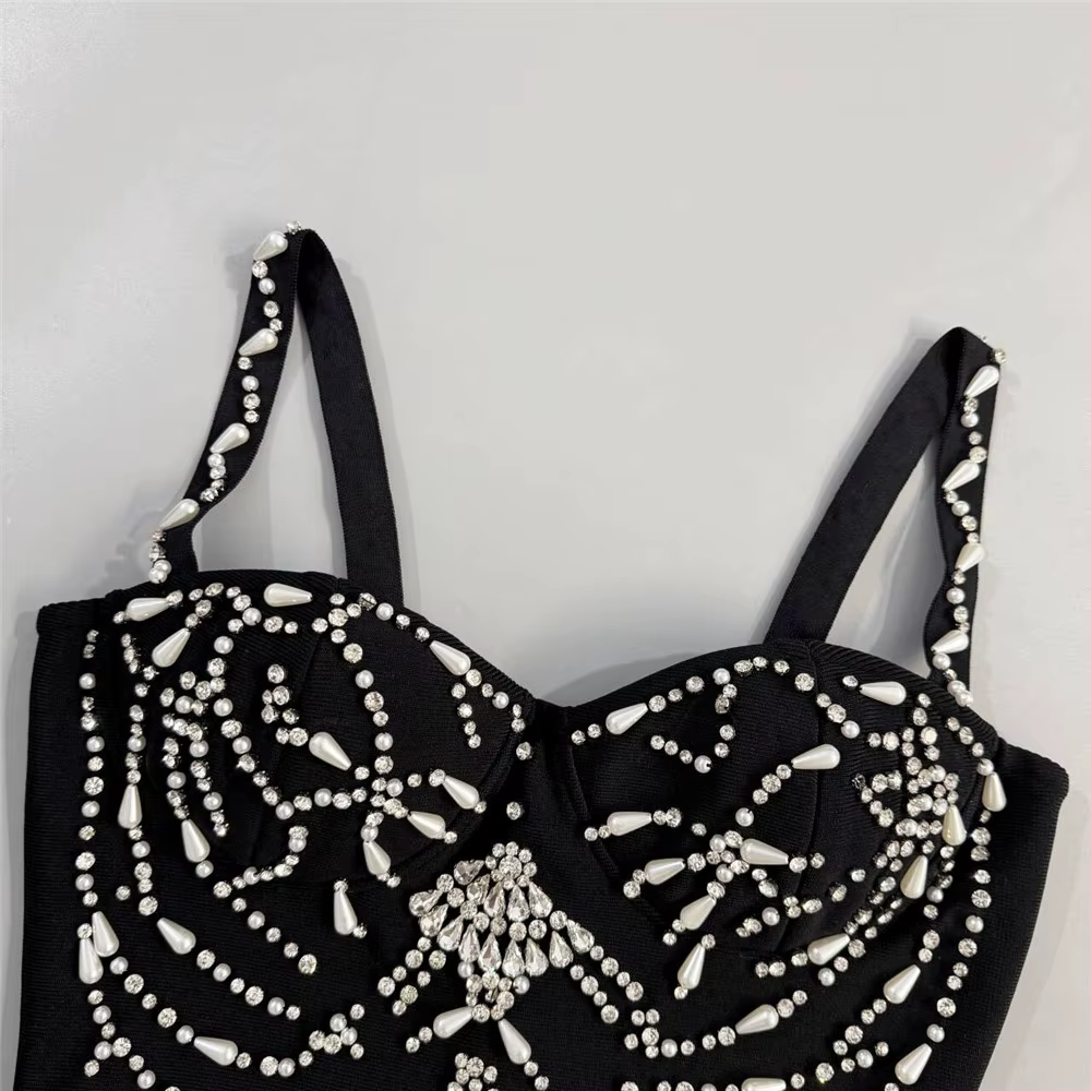 Femmes élégantes perles robe de pansement Spaghetti sangle moulante vêtements Club fête robes de soi