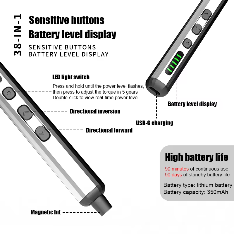 Jeu de tournevis électriques, Kit d'outils électriques de précision rechargeables avec lumière LED 3