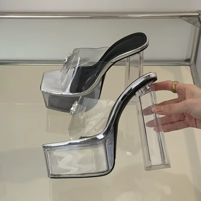 Eilyken-Pantoufles à plateforme en cristal argenté transparent pour femmes, sandales à talons carrés