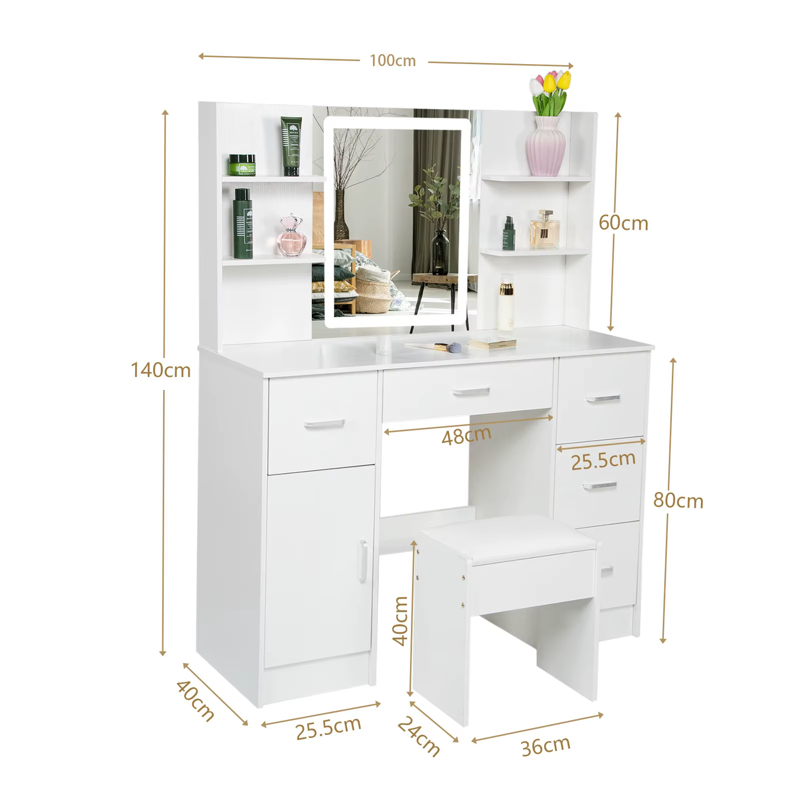 Table de maquillage avec égouts de proximité, ensemble de bureau de vanité avec étagères, commode et
