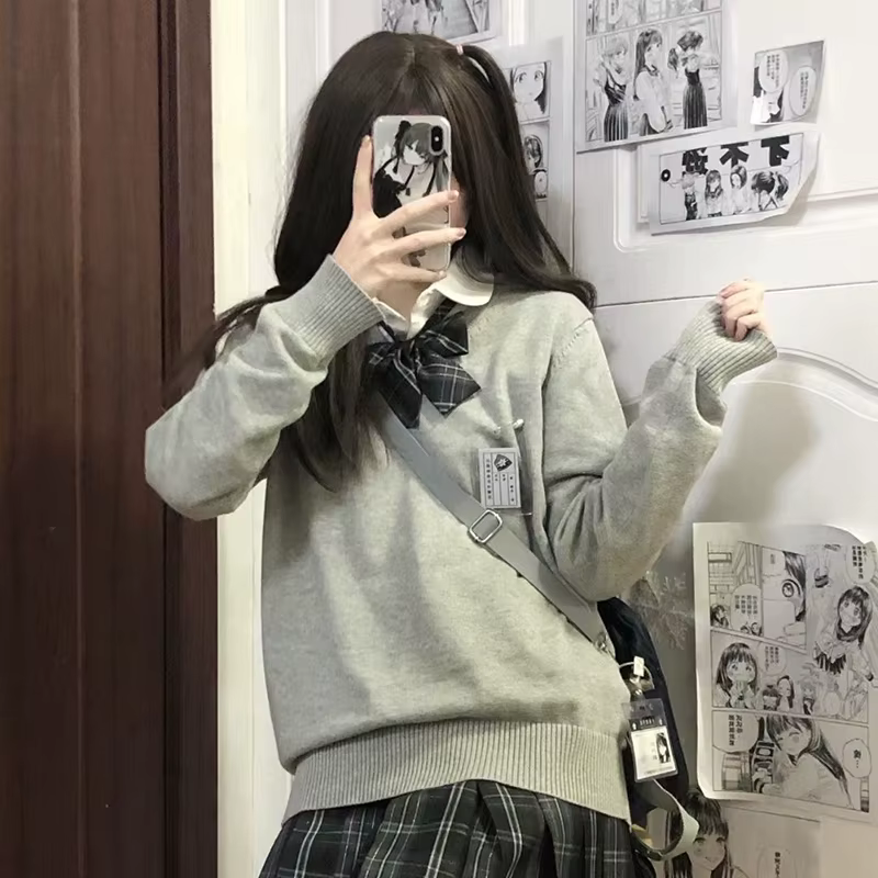 JK-Pull en tricot fin à col en V pour femmes, pull décontracté, pull tout macth, mode japonaise, sty