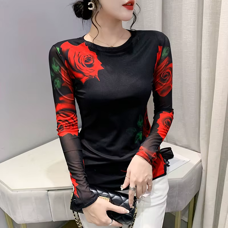 Taille S-3XL filles impression fixe maille T-Shirts T-Shirts femme manches longues col rond extensib