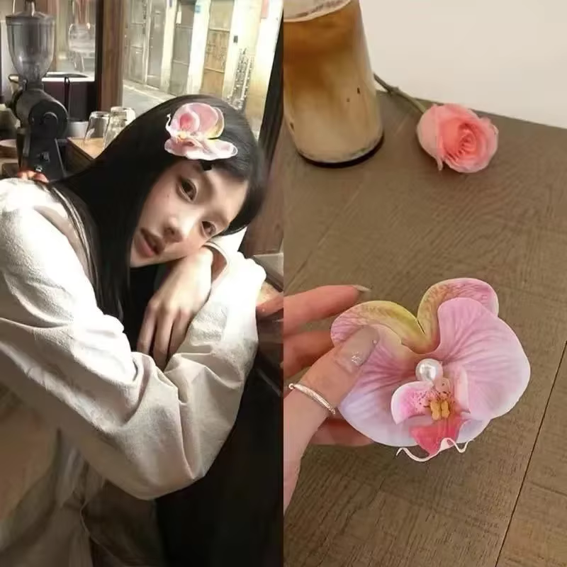 Pince à cheveux en forme de fleur d'orchidée rose doux, Barrettes à cheveux en perles coréennes, orn