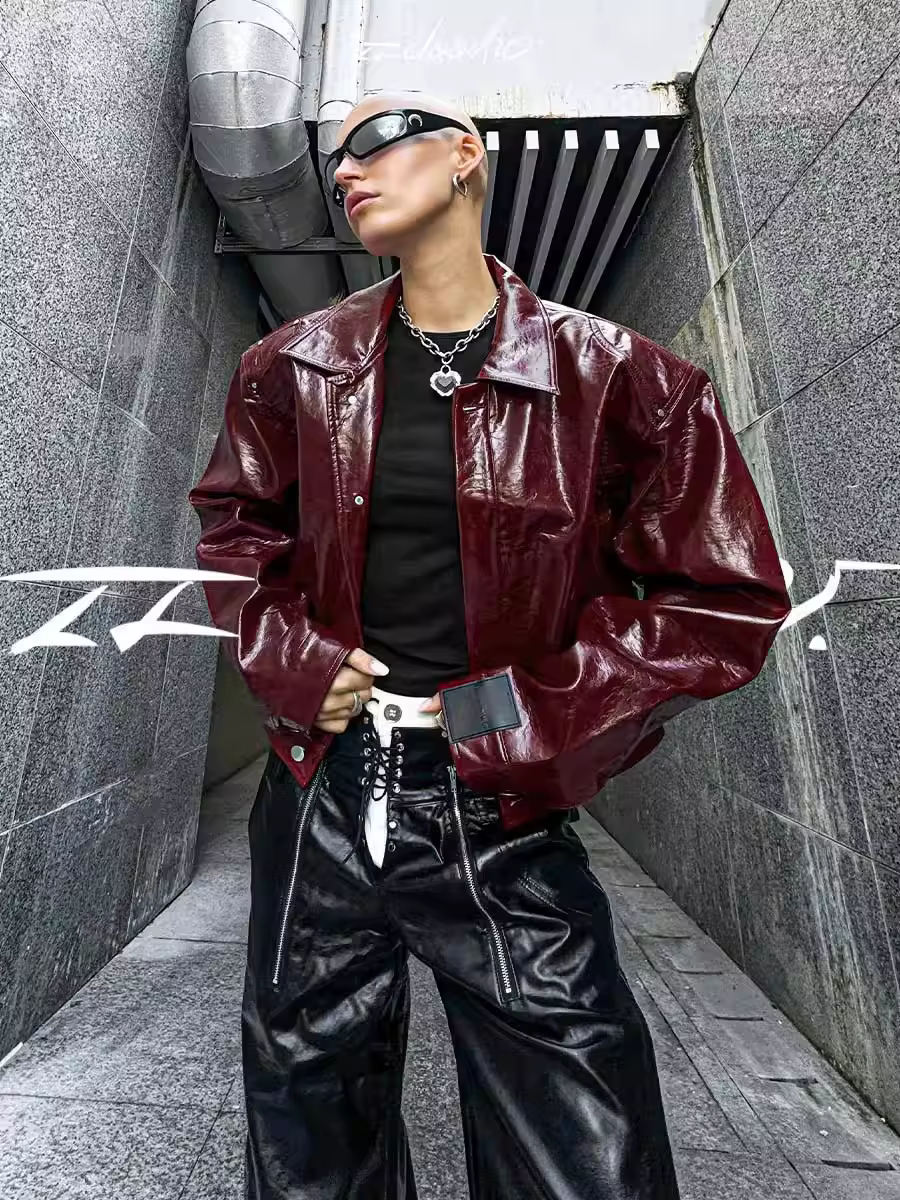 Lautaro automne Cool court surdimensionné veste en cuir Pu femmes épaulettes fermeture éclair de hau