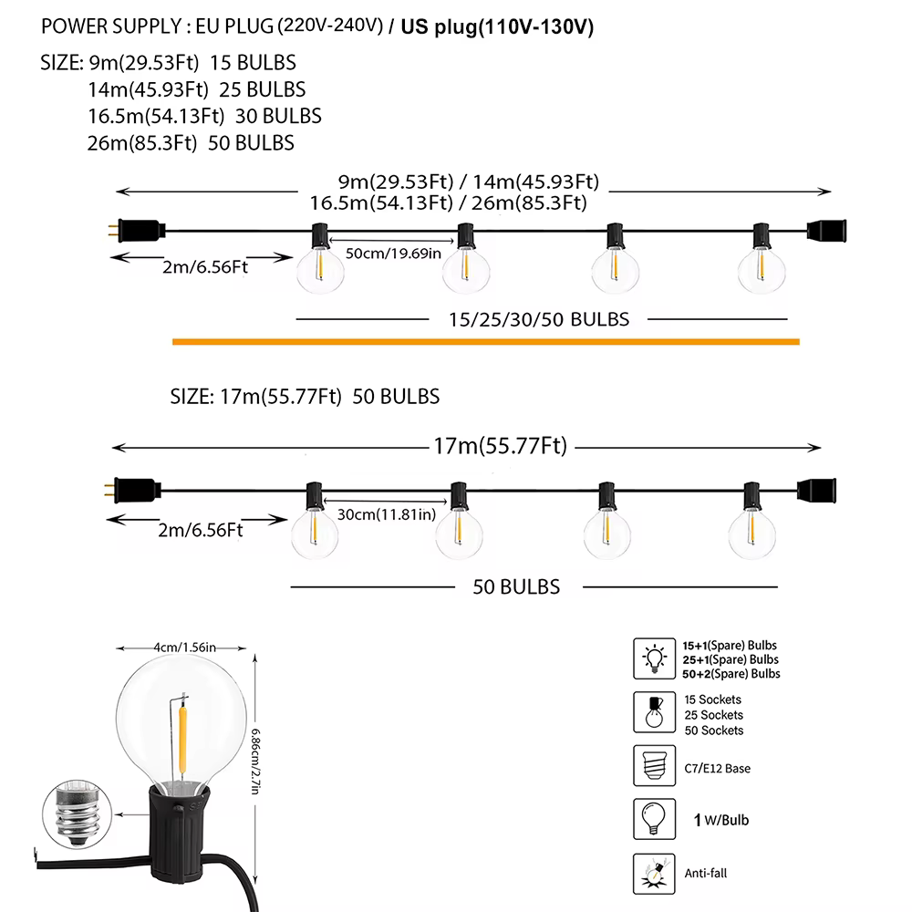 Guirlande lumineuse LED d'extérieur G40, guirlande de fête, ampoules Globe à intensité variable, lam